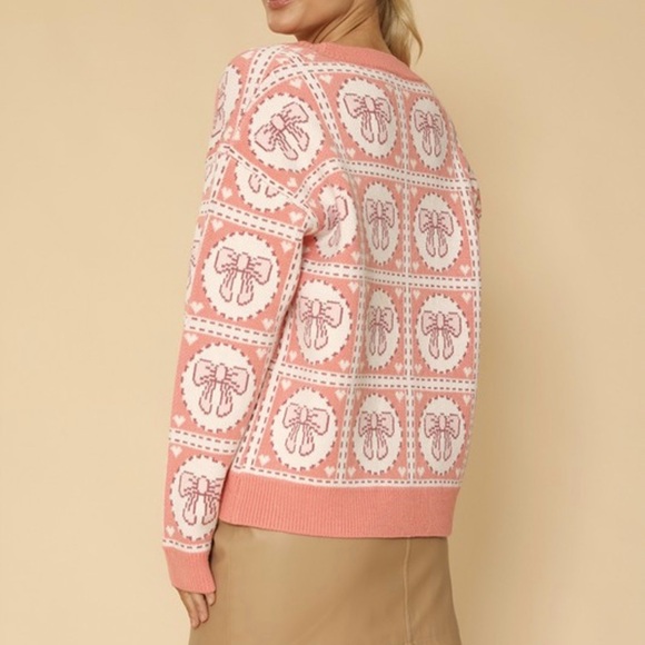 New Miss Sparkling pink bow cardigan sweater sz S M L - Picture 2 of 3